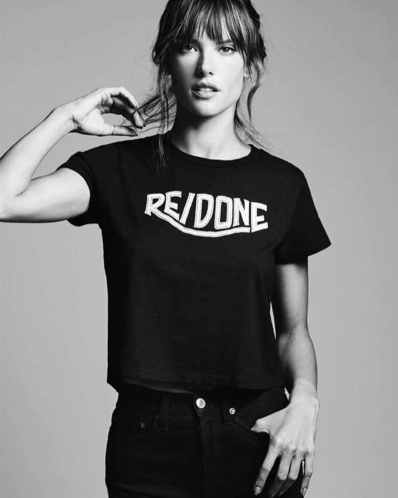 Photographed in black and white, Alessandra Ambrosio models for Re/Done