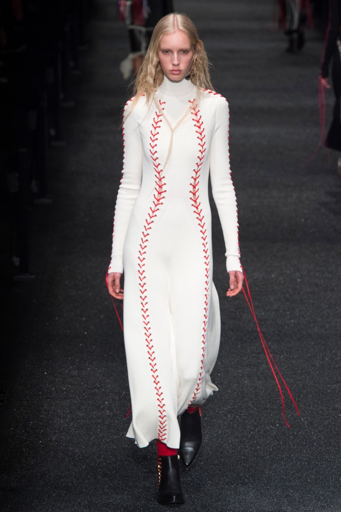 White maxi dress with red stitching from Alexander McQueen’s fall-winter 2017 collection