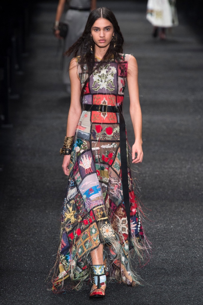 Patchwork maxi dress with fringe stitching detail from Alexander McQueen’s fall-winter 2017 collection