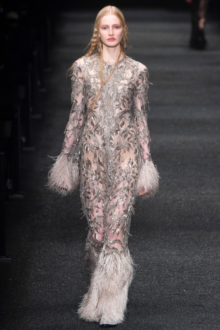 Sheer dress with silver embroidery and feathers from Alexander McQueen’s fall-winter 2017 collection 