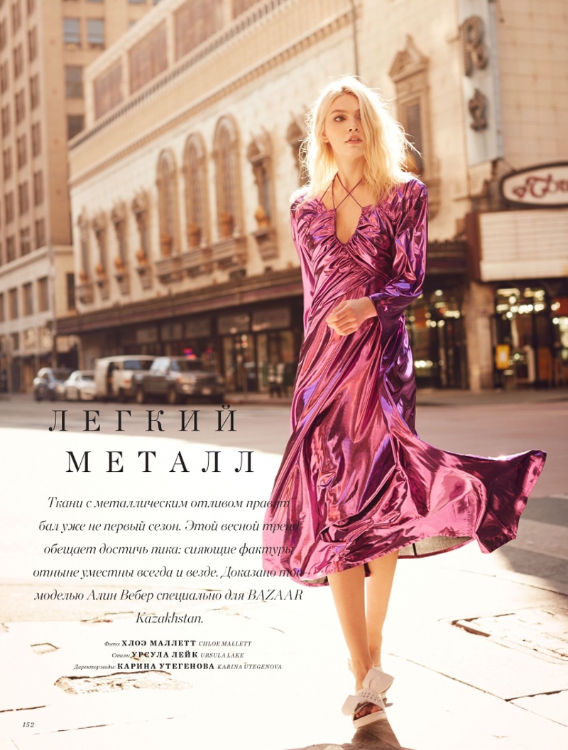 Aline Weber models Preen by Thornton Bregazzi metallic dress