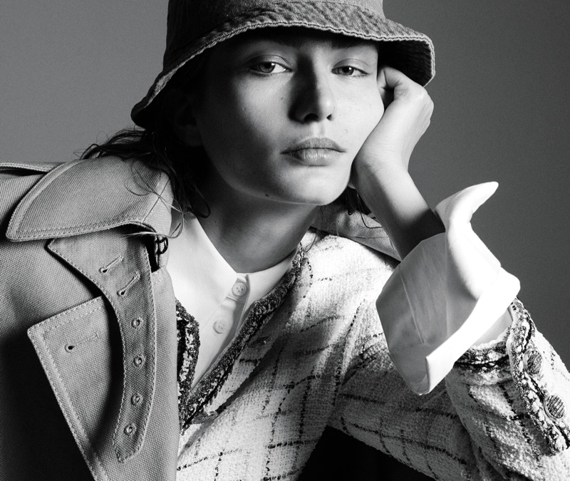 Looking chill, Andreea Diaconu models Valentino coat over Chanel jacket with Michael Kors Collection shirt and House of Lafayette hat