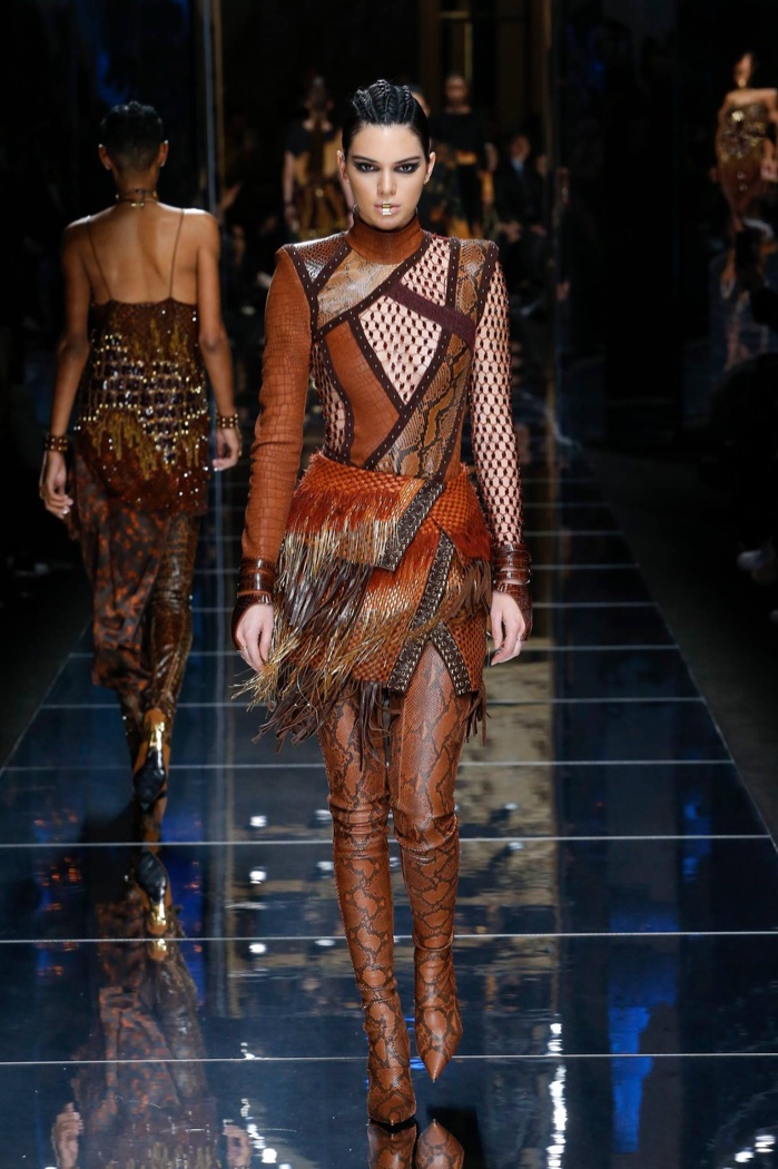 Kendall Jenner wears leather, mesh and fringe dress from Balmain’s fall-winter 2017 collection