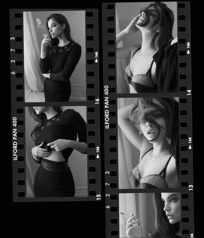 Photographed in black and white, Barbara Palvin wears top, skirt and belt from Altuzarra. Bra by Carine Gilson.