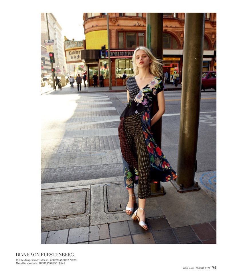 Diane von Furstenberg Draped Ruffle Gown $698 and Florence Metallic Nappa Leather Sandals $248