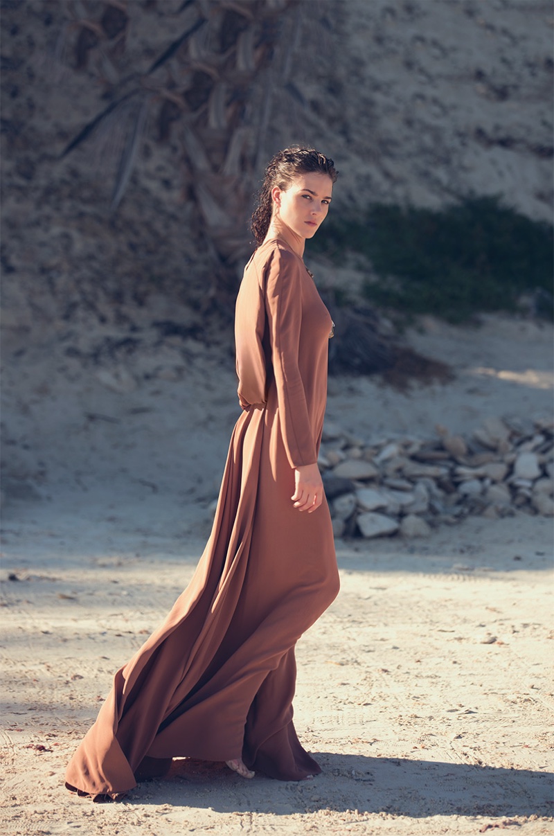 Model Eliza Cummings wears Valentino maxi dress