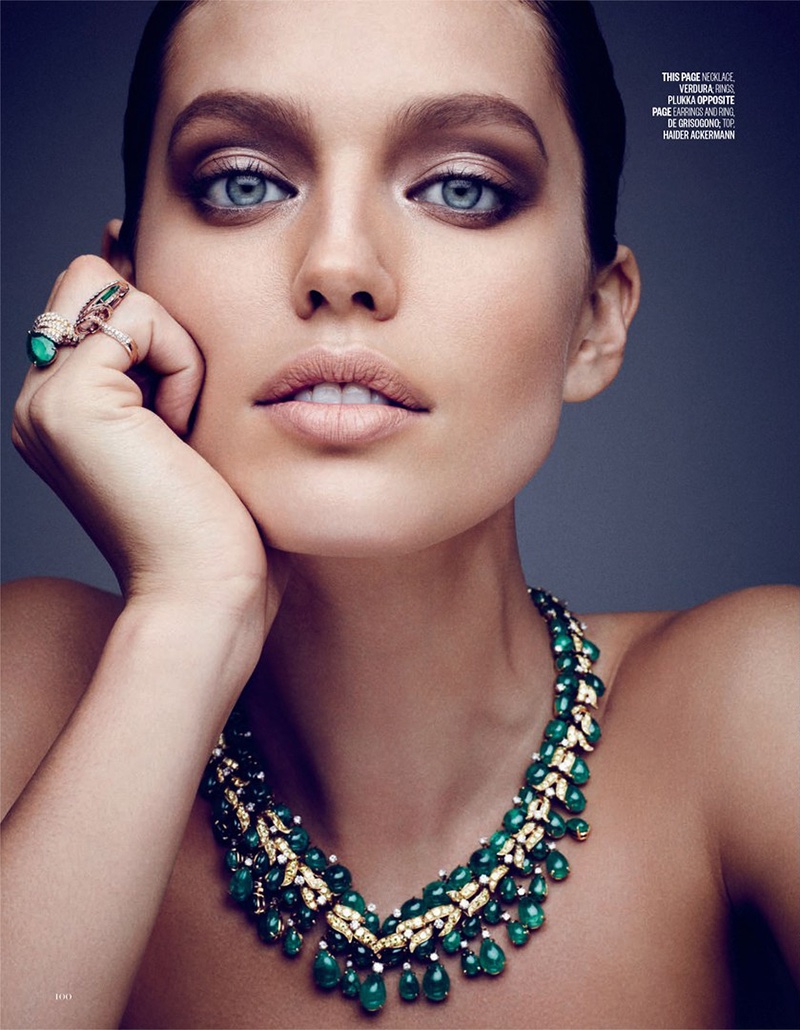 Getting her closeup, Emily DiDonato models Verdura necklace and Plukka rings