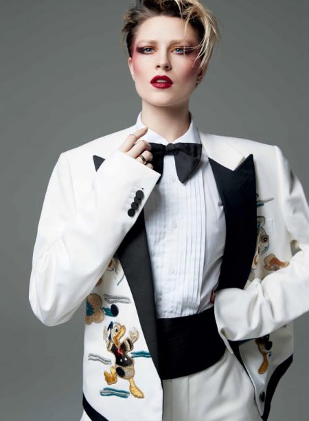 Evan Rachel Wood Suits Up for ELLE Canada Cover Shoot Evan Rachel Wood poses in Gucci cotton twill suit, shirt, bow-tie and cummerbund