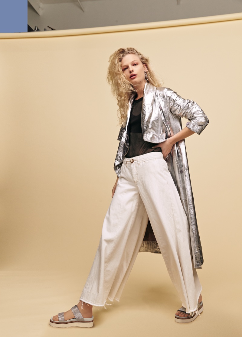 Nicholas K. Drifter Trench, Sweet Pea Bring It Back Mesh Tee, We The Free Run Through The Moss Wide Leg Jeans and FP Collection Harper Gem Flatform
