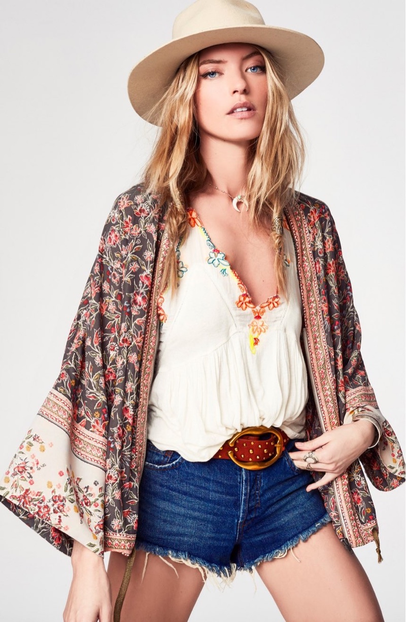 Free People Wildflower Kimono Jacket, Island Time Tank and Cutoff Denim Shorts