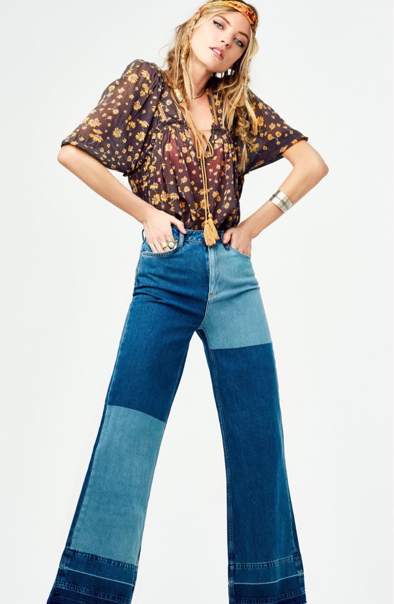 Free People Daisy Cotton Blouse and The Wideleg High Waist Patchwork Jeans