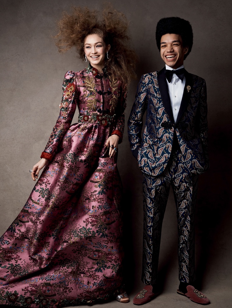 Alongside Justice Smith, Gigi Hadid models Gucci jacquard dress and shoes