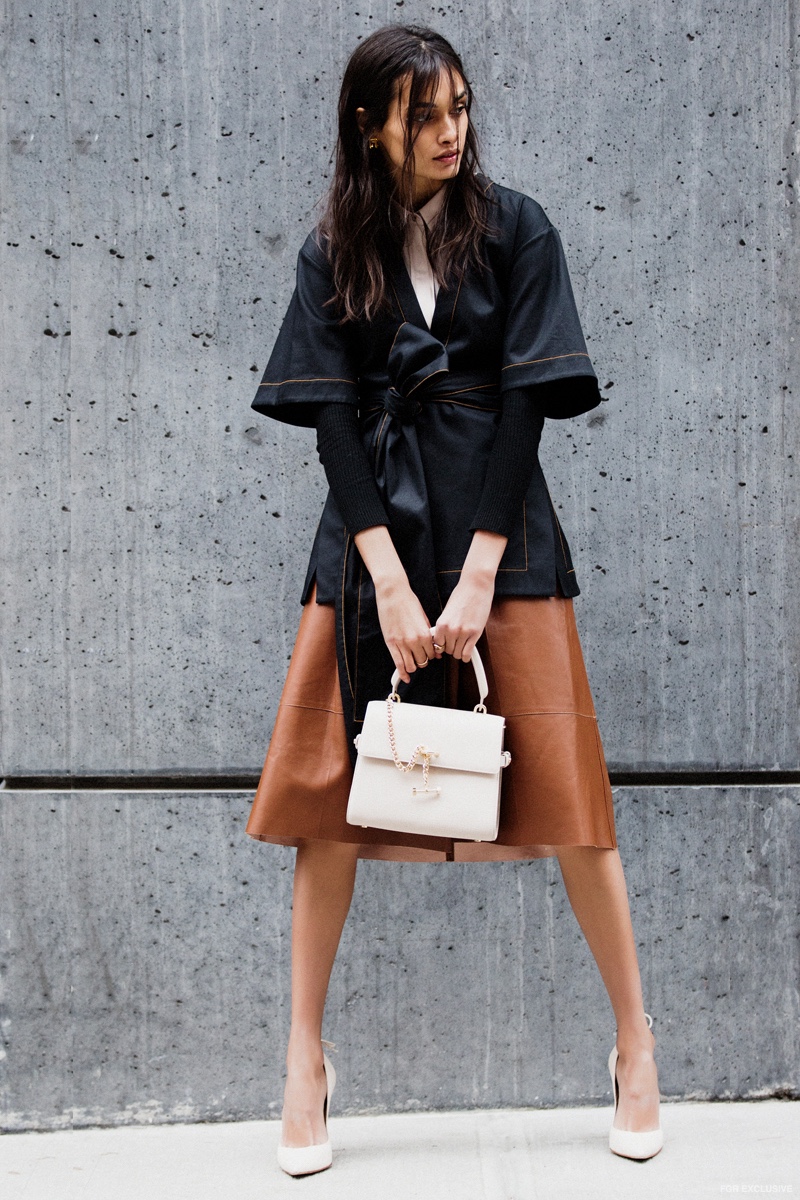 Reiss Bonn Top, Ellery Black Top, Tibi Seamless Ribbed Corset Waisted Pullover, Luana Italy Paley Mini Satchel, Paule Ka Havana Leather Skirt and Stuart Weitzman Peekabow Heel