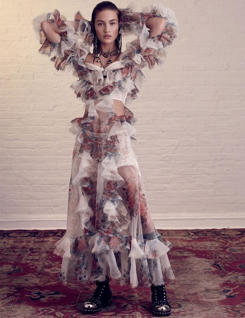 Embracing ruffles, Grace Elizabeth wears Alexander McQueen gown and boots