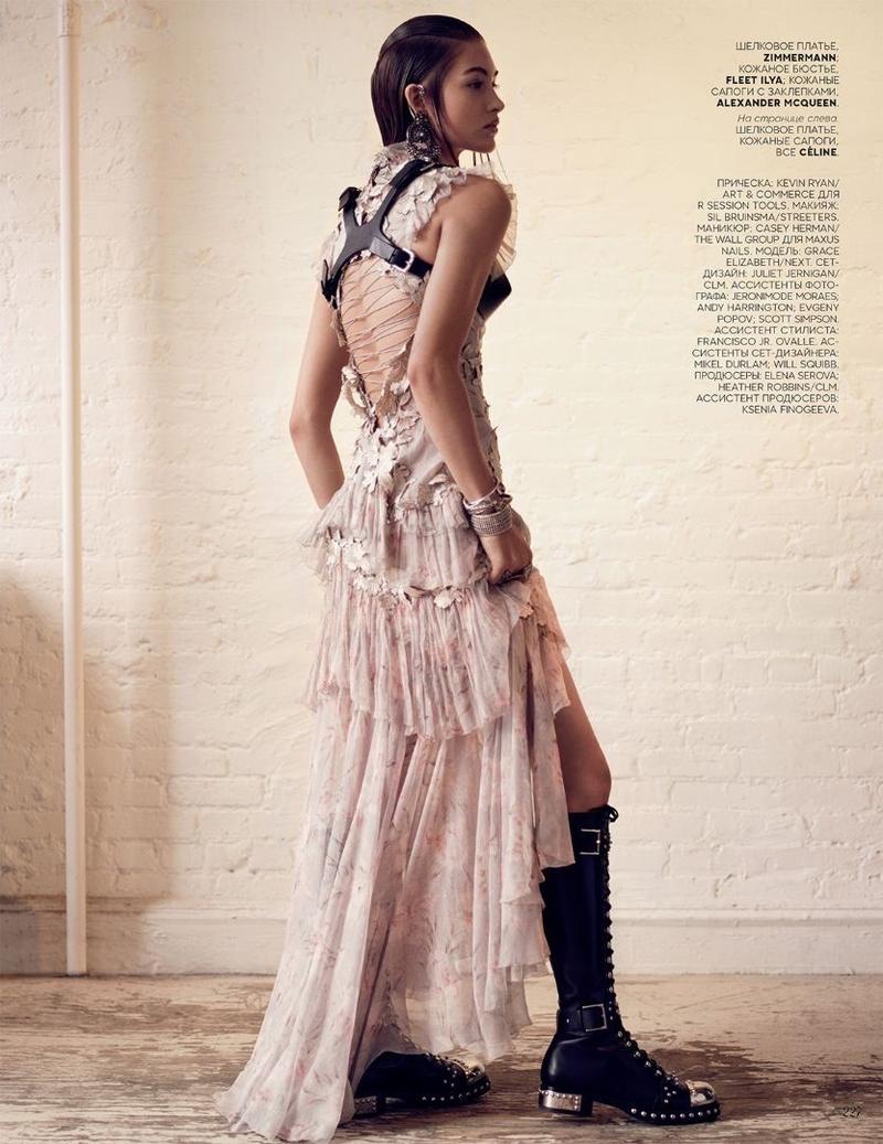 Grace Elizabeth models Zimmermann dress with Alexander McQueen harness and boots