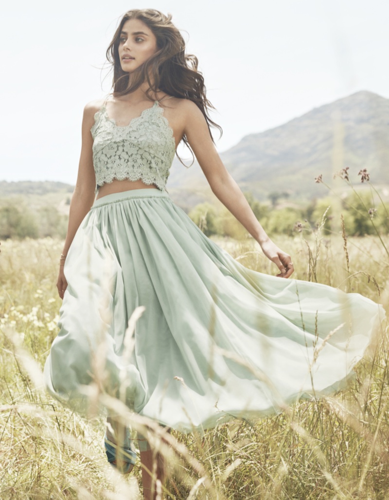 Taylor Hill models lace crop top and flowy skirt in H&M's spring 2017 campaign