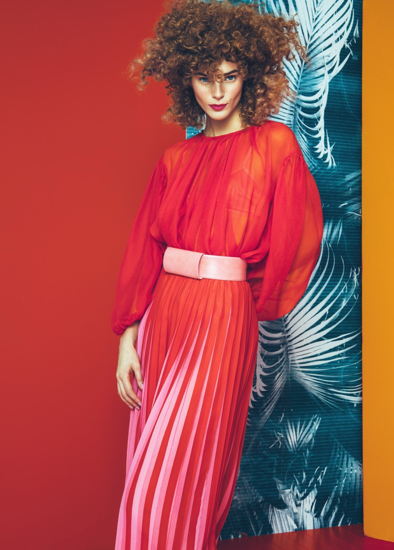 Model Juju Ivanyuk wears Gianluca Capannolo chiffon blouse, Clips skirt and Max Mara belt