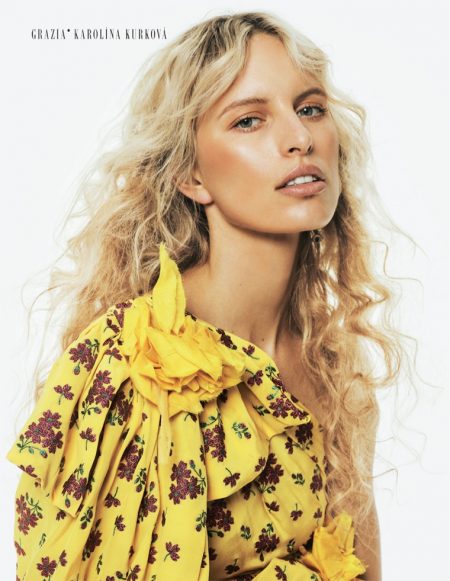 Karolina Kurkova Makes a Statement in the Spring Collections for Grazia Italy Getting her closeup, Karolina Kurkova wears Gucci floral print dress