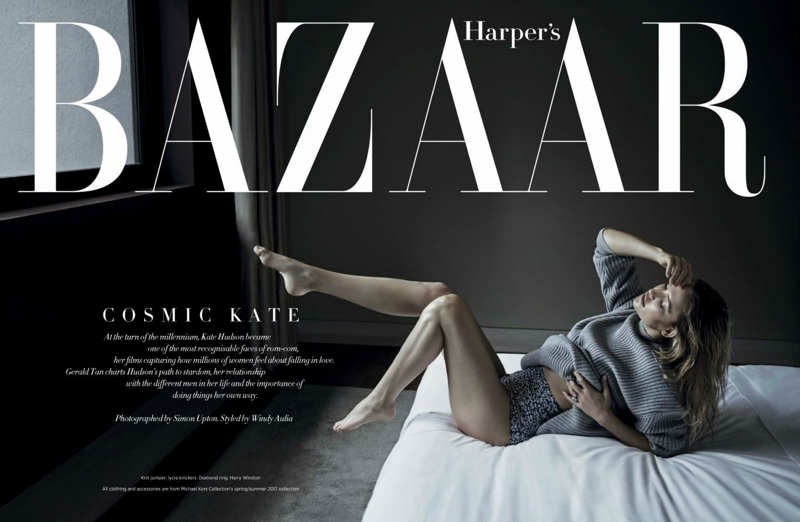 Posing in bed, Kate Hudson wears Michael Kors Collection knit jumper and briefs