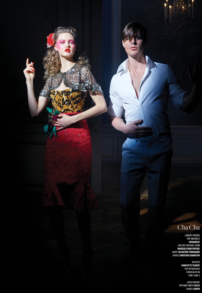 Doing the cha cha, Lindsey Wixson models DSquared2 top and belt with Salvatore Ferragamo skirt