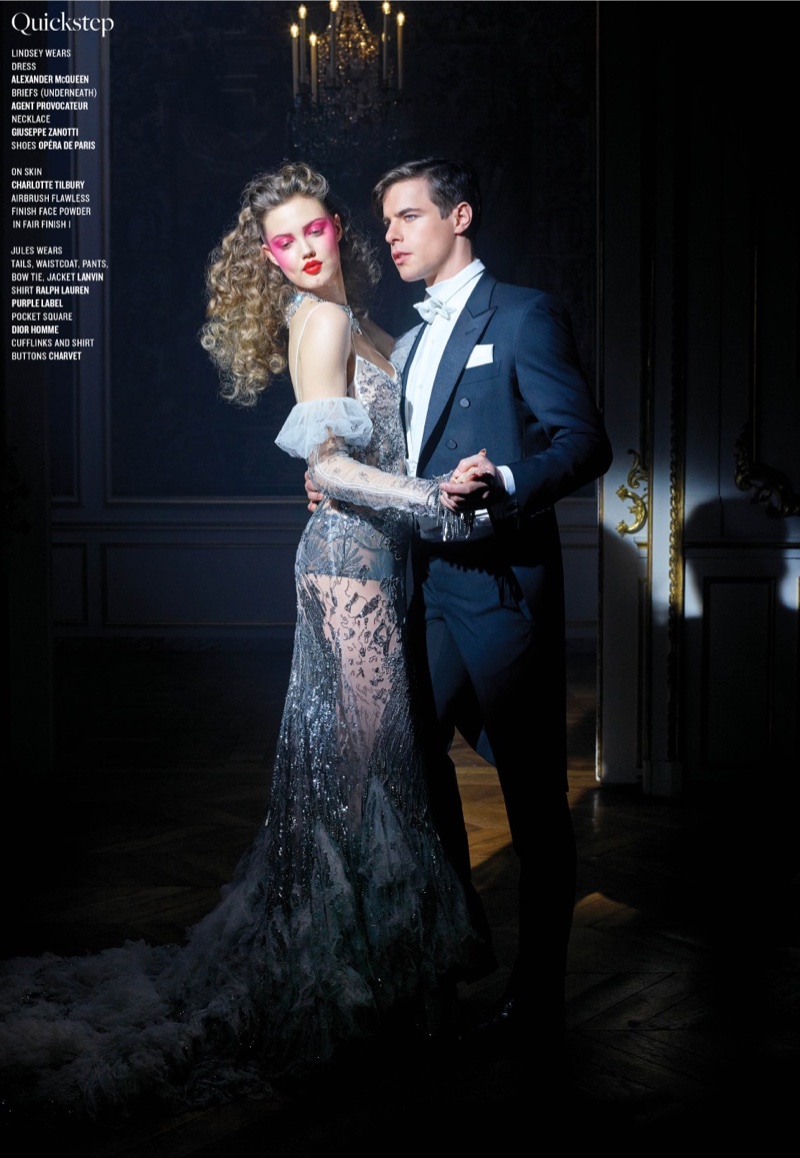 Posing with Jules Horn, Lindsey Wixson wears Alexander McQueen off-the-shoulder gown with Agent Provocateur briefs