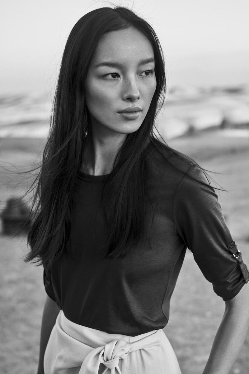 Photographed in black and white, Fei Fei Sun stars in Massimo Dutti spring 2017 campaign