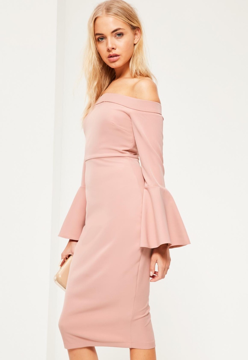 Missguided Pink Bardot Frill Sleeve Tailored Midi Dress $77
