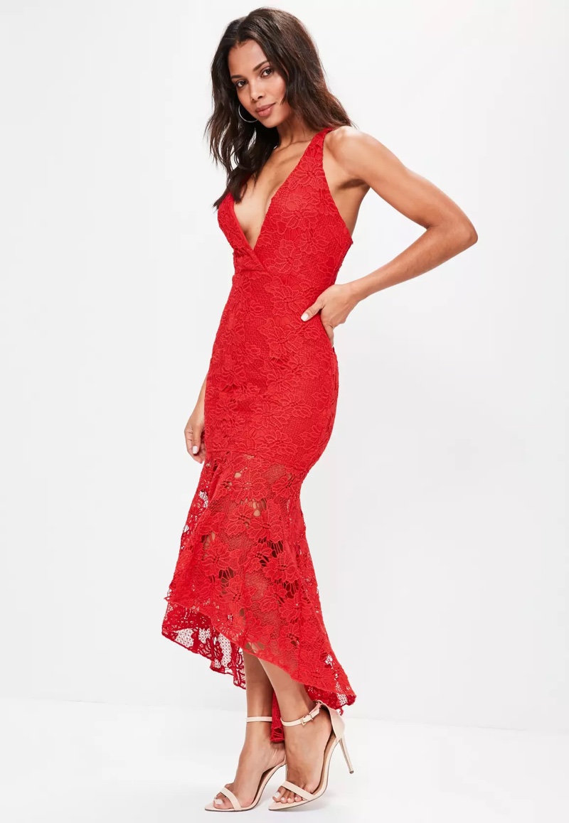 Missguided Red Lace Fishtail Maxi Dress $132