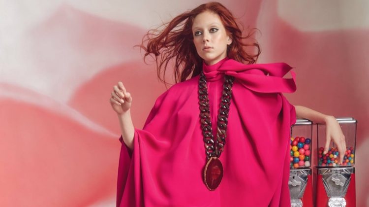 Natalie Westling wears pink cape dress from Valentino