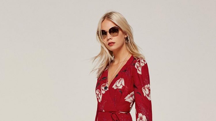 The Chelsea Wrap Dress comes in a red floral print