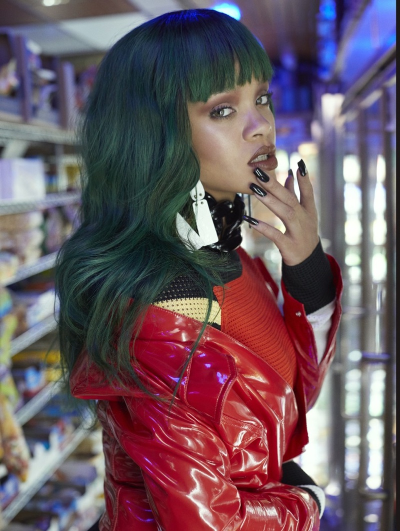 Wearing a green hairstyle, Rihanna poses in Proenza Schouler dress and earrings with Marques' Almeida earrings