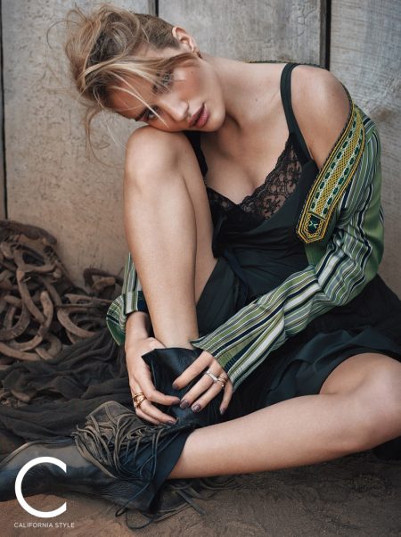 Rosie Huntington-Whiteley Heads Outdoors for C Magazine Keeping it casual, Rosie Huntington-Whiteley wears Etro jacket, A.F. Vandevorst dress and Modern Vice boots