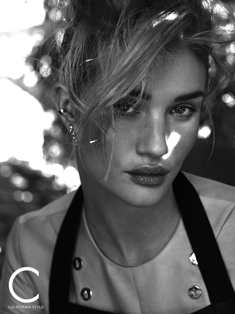 Getting her closeup, Rosie Huntington-Whiteley poses in Moncler Gamme Rouge top