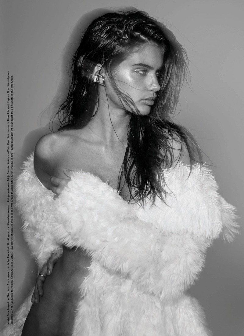 Sara Sampaio poses in furry Azzedine Alaia jacket