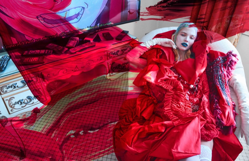 Sasha Luss gets swept up in red ruffles