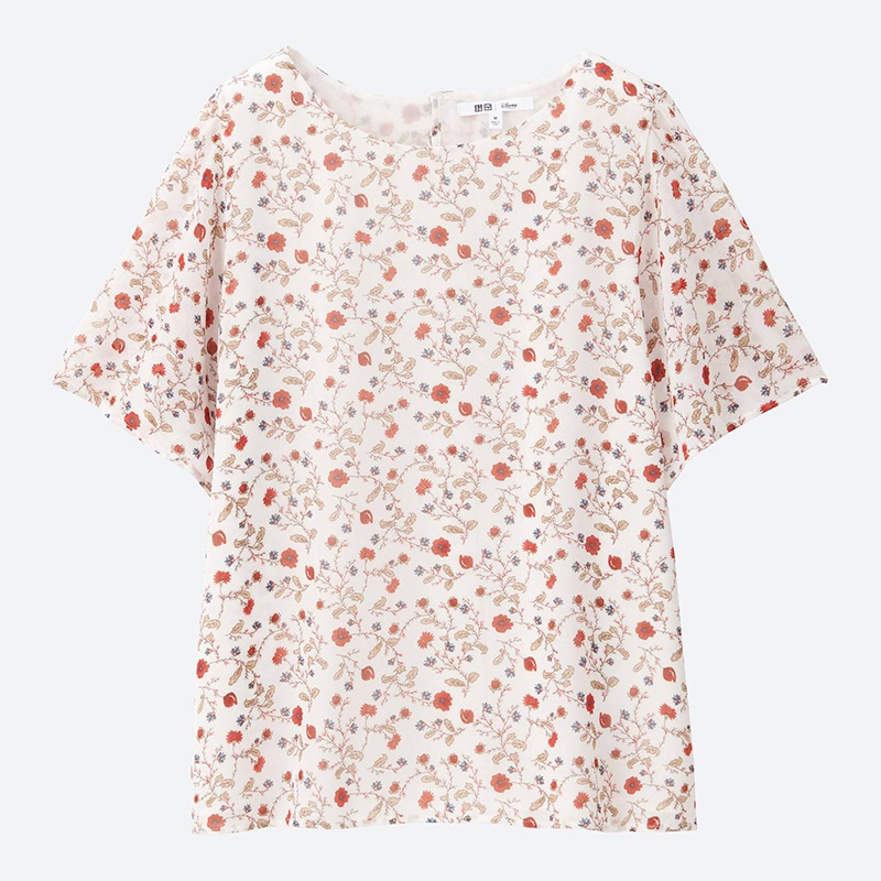 Uniqlo Beauty and the Beast Floral Print Short Sleeve Blouse in White