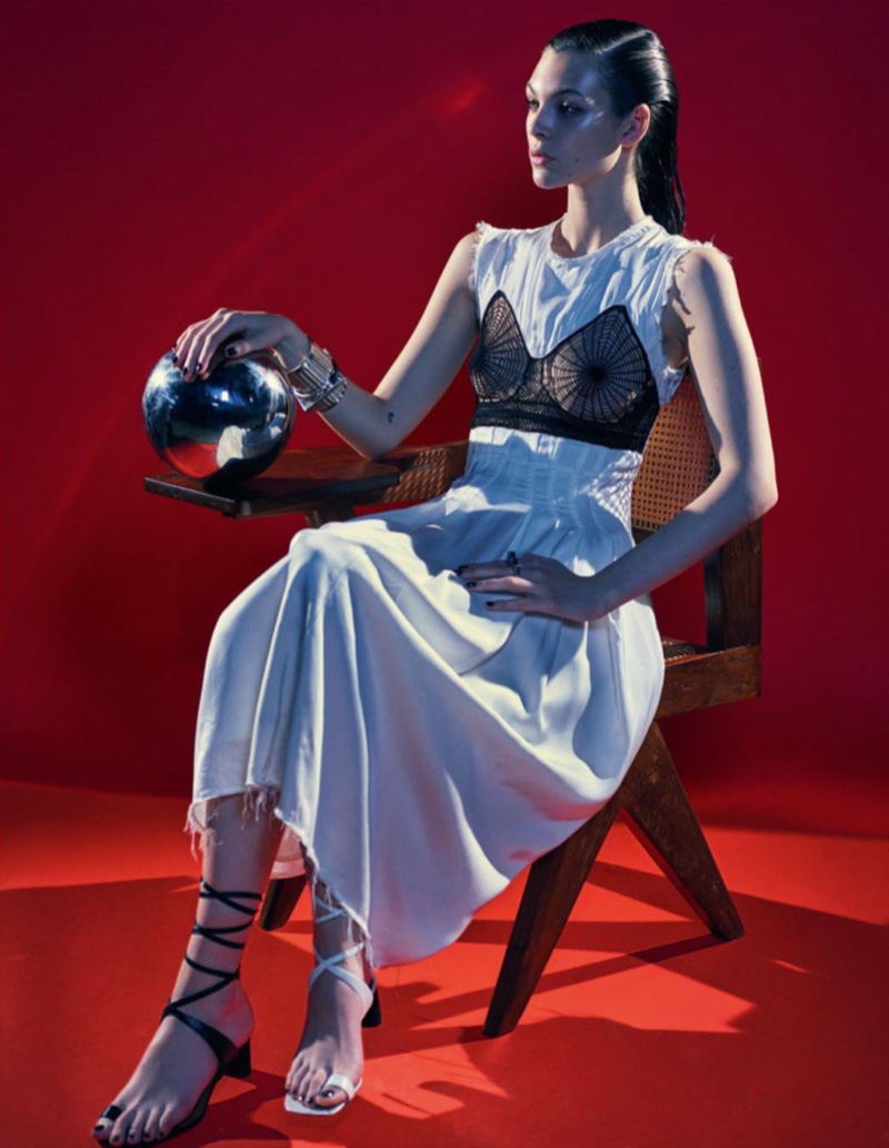 Vittoria Ceretti models Celine dress with bralette