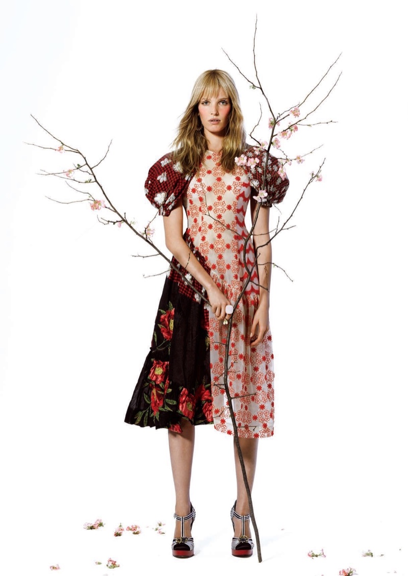 Model Alisa Ahmann wears Simone Rocha dress and Gucci platforms