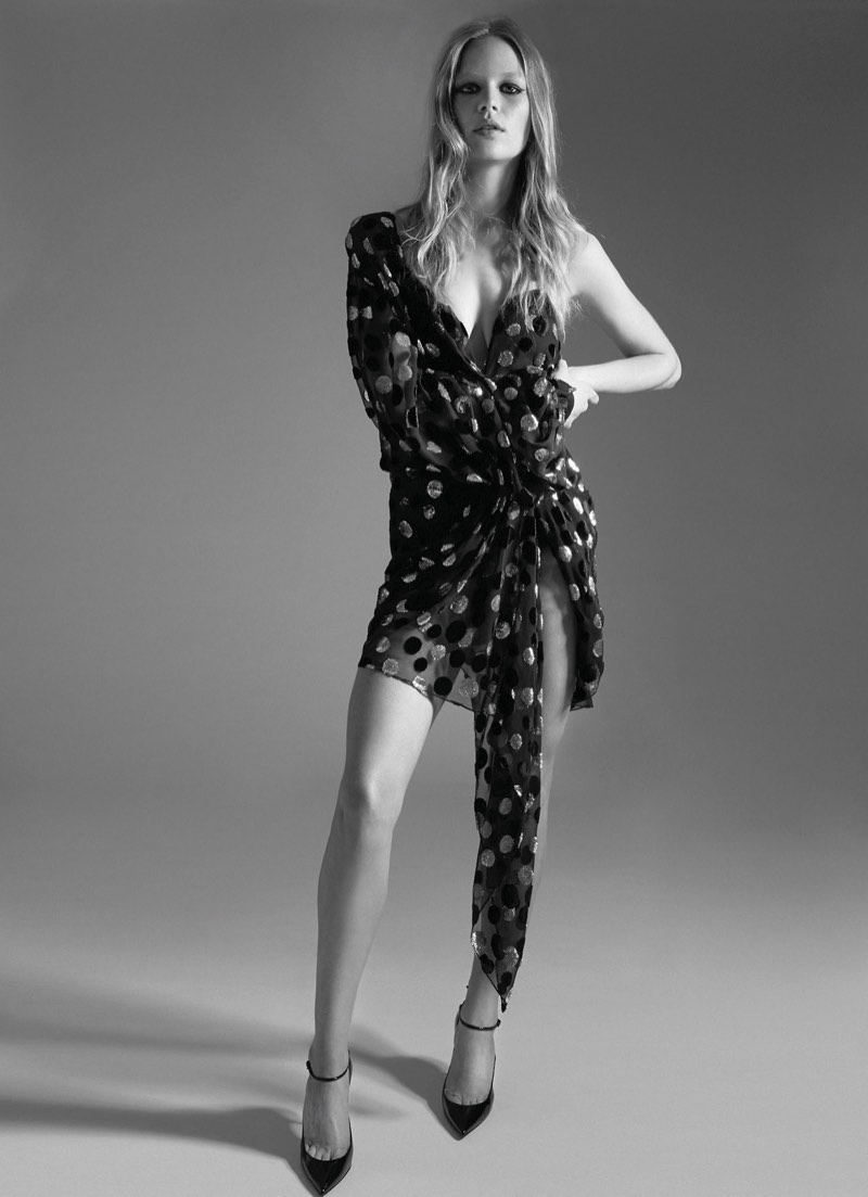 Flaunting some leg, Anna Ewers models one-shoulder chiffon dress and pumps from Saint Laurent