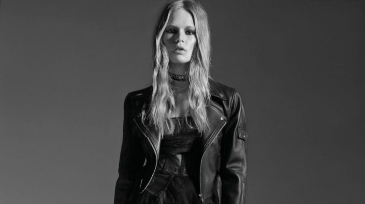 Anna Ewers models Dior dress, choker and briefs with H&M biker jacket. Boots by Christian Louboutin.