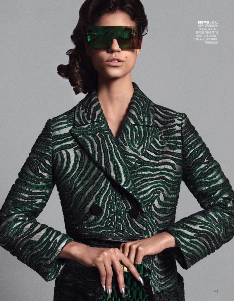 Antonina Petkovic wears Fendi silk jacquard coat, mirrored sunglasses and Peekaboo bag