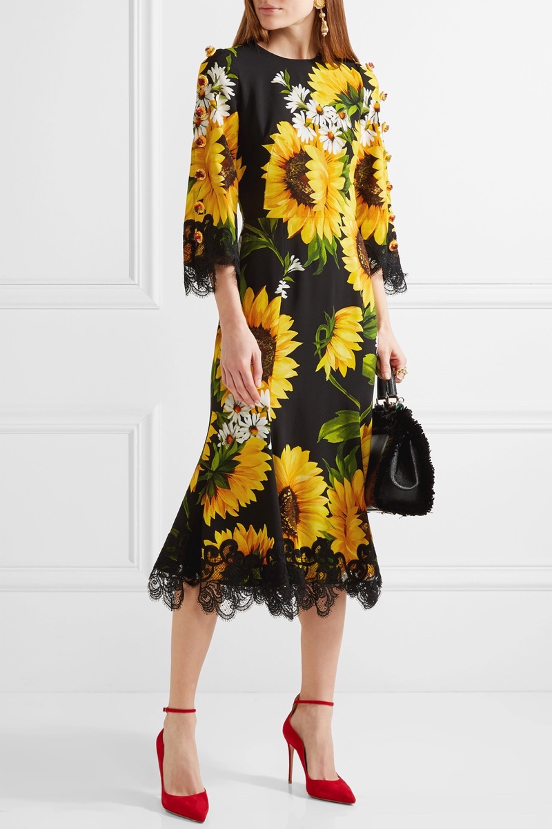 Dolce & Gabbana Embellished Lace-Trimmed Printed Cady Midi Dress $4,595, available at Net-a-Porter