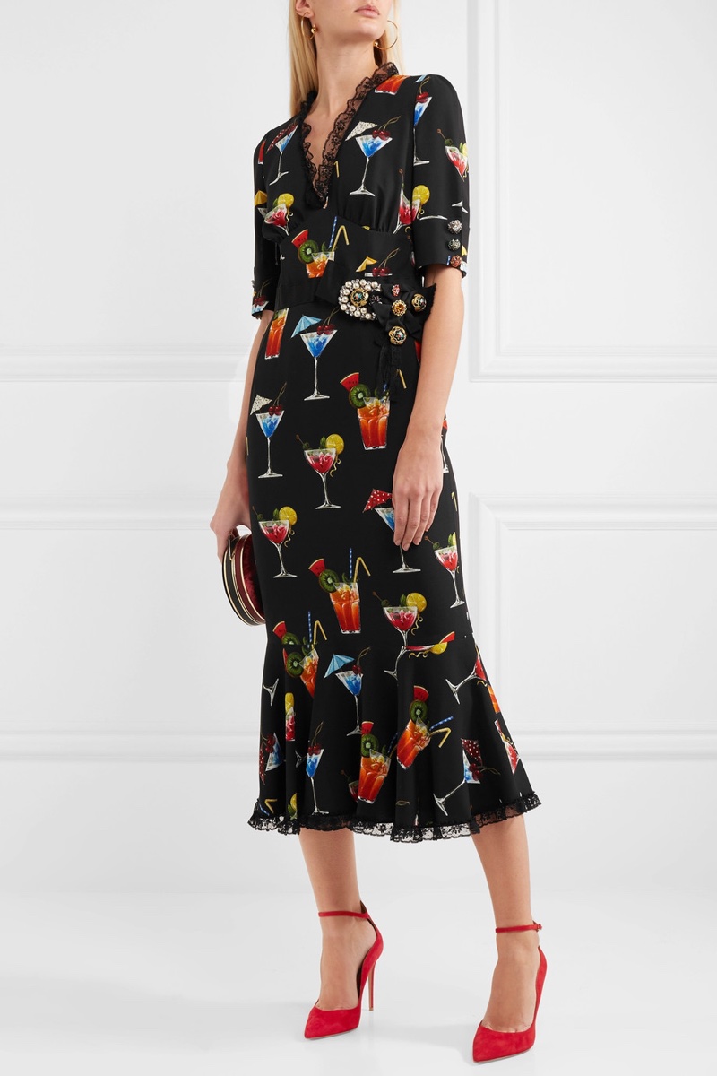 Dolce & Gabbana Lace-Trimmed Embellished Printed Crepe de Chine Dress $3,995, available at Net-a-Porter