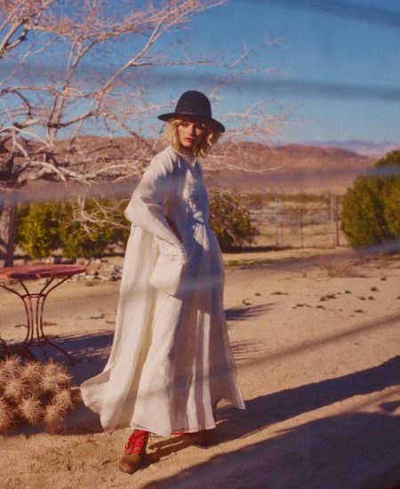 Edita Vilkeviciute Models Pale Desert Looks for WSJ. Magazine Layering up in white, Edita Vilkeviciute poses in Joseph dress (worn as jacket), Valentino maxi dress and Blugirl hat