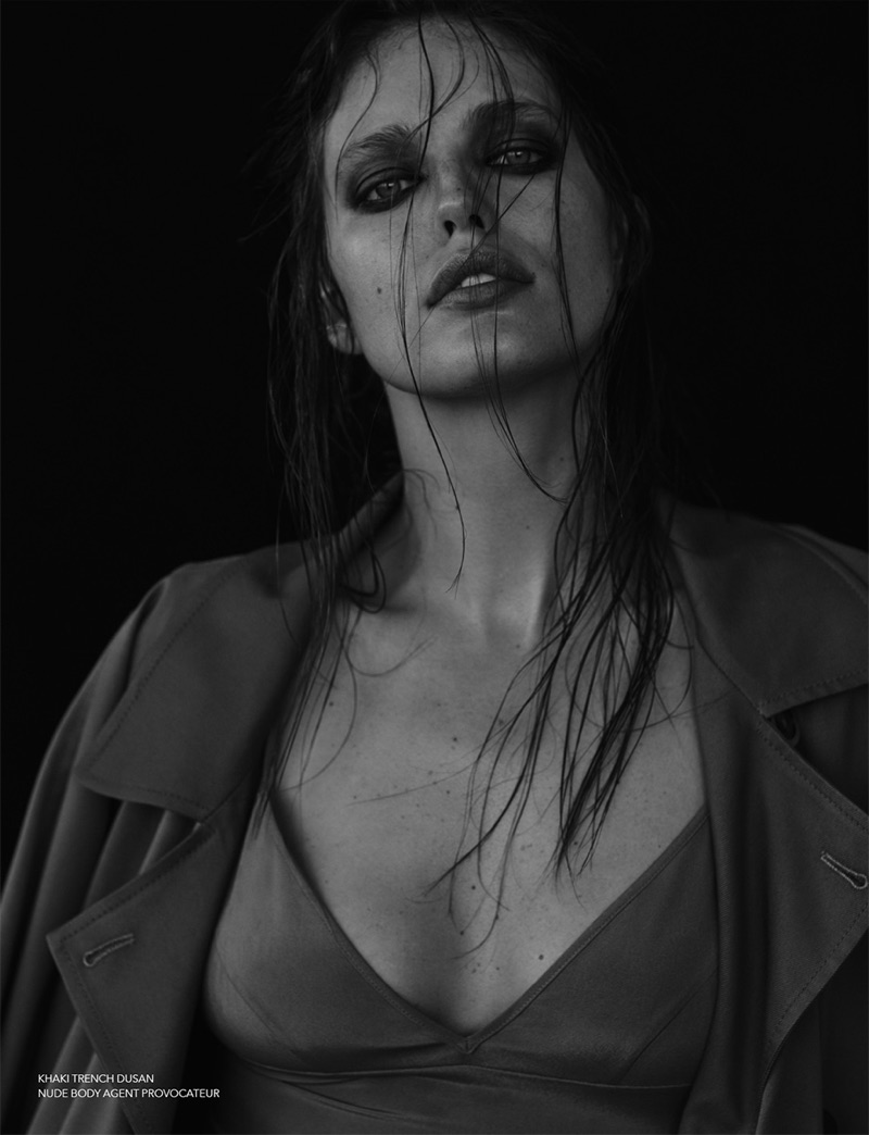 Emily DiDonato wears Agent Provocateur trench coat and bodysuit