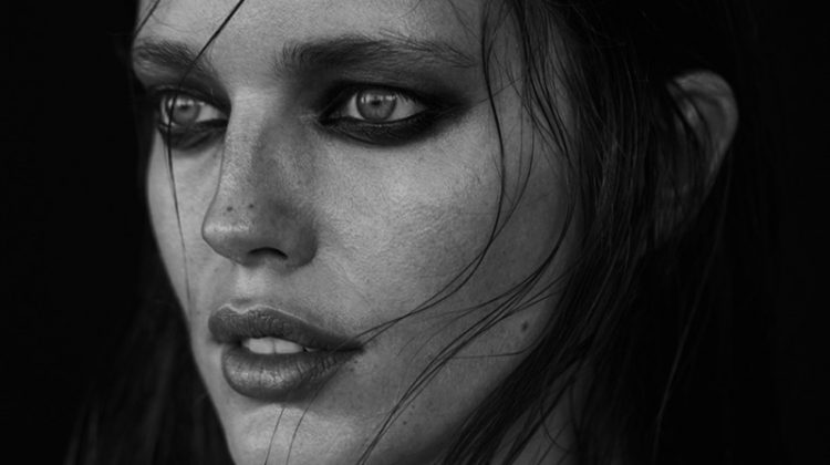 Photographed in black and white, Emily DiDonato shows off the wet hair look