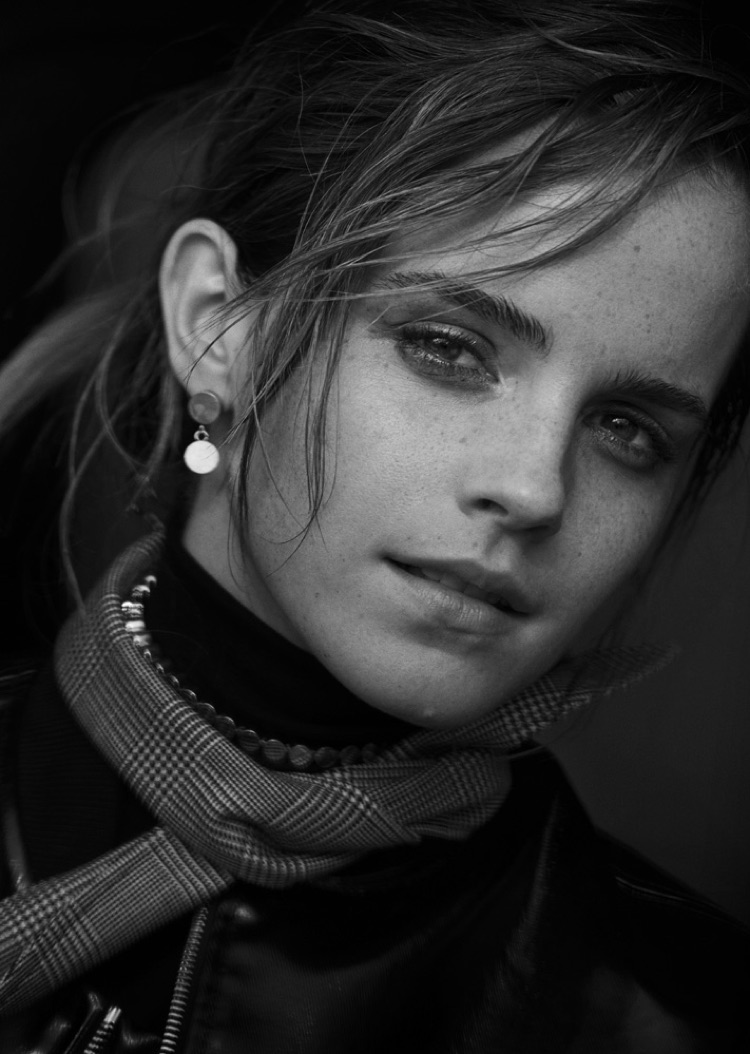Getting her closeup, Emma Watson wears Paco Rabanne jacket and Simone Kirkland scarf