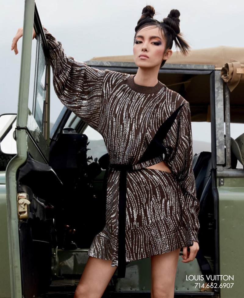 Striking a pose, Fei Fei Sun models Louis Vuitton dress with cutout