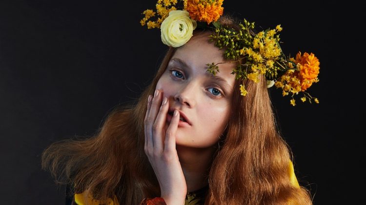 Valou Weemering models Dries Van Noten printed silk blouse and Monies bracelets