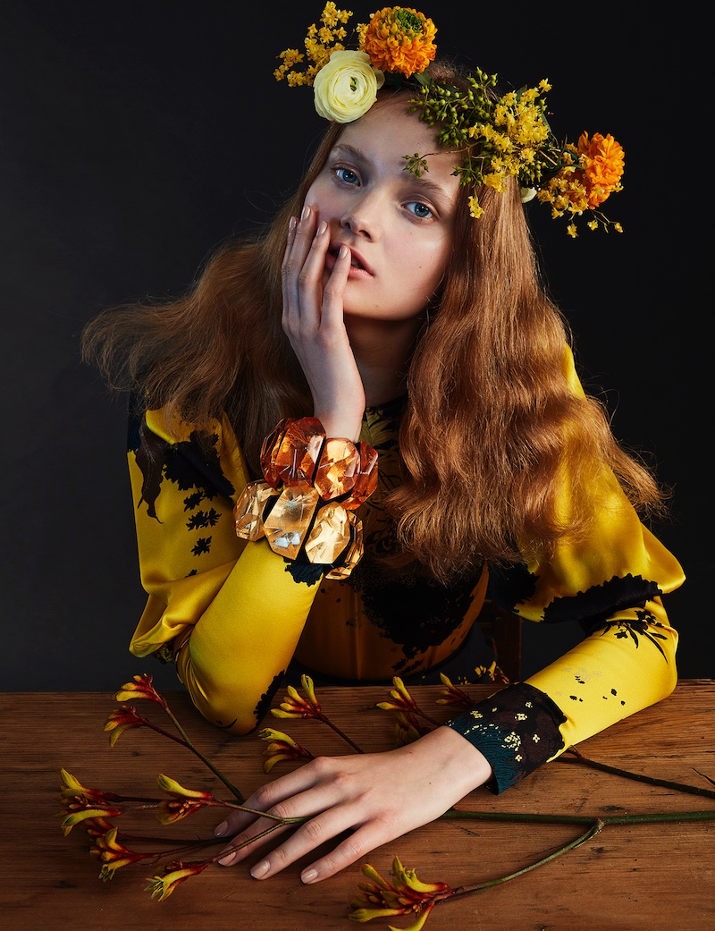Valou Weemering models Dries Van Noten printed silk blouse and Monies bracelets
